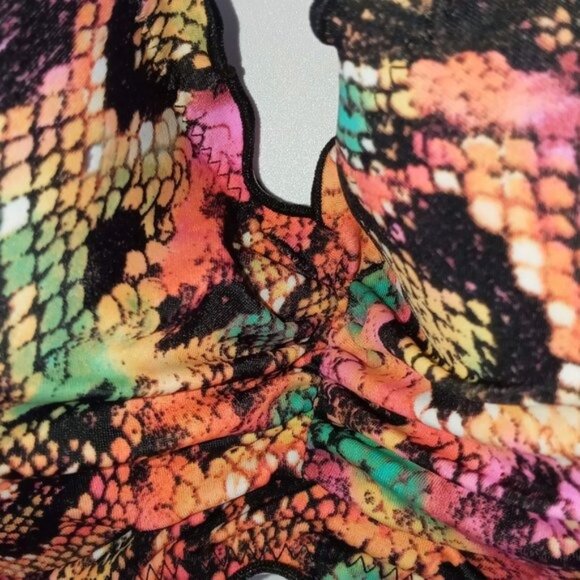 Multicolor Snake Print Padded Halter Bikini Top With Ruffled Trim & Back Tie Clo - Picture 4 of 7